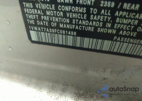 2015 Volkswagen Passat 1.8T Limited Edition из США, поврежденный, VIN 1VWAT7A39FC081498